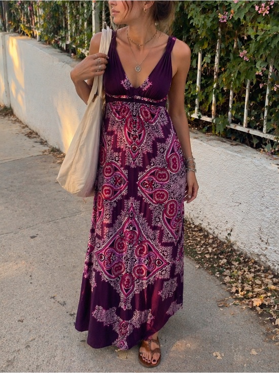 Metaphor Dresses & Skirts - Boho Paisley Maxi Dress Petite Flowy Empire Waist Pink Purple